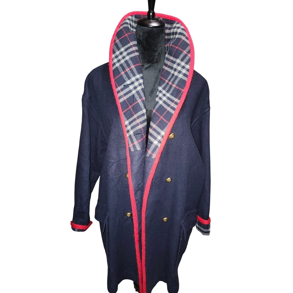 Burberrys Vintage Navy Wool Duffle Coat Nova Check Lining Red Piping England - Picture 4 of 11